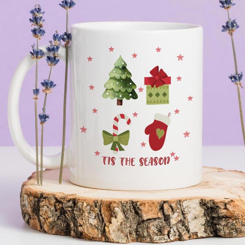 Tailorly White Ceramic 11 oz Mug - Tis The Season Festive Icons Including Christmas Tree Gift Candy Cane And Mitten Mug