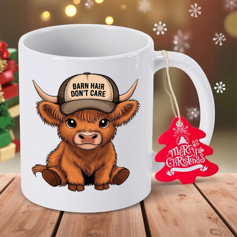 Tailorly White Ceramic 11 oz Mug - Barn Hair Don't Care Merry Christmas Adorable Fluffy Brown Highland Calf Wearing Vintage Trucker Hat Sitting Peacefully Cow