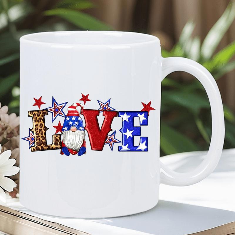 Tailorly White Ceramic 11 oz Mug - Love Patriotic Theme With Leopard Print And Stars Featuring A Cute Gnome