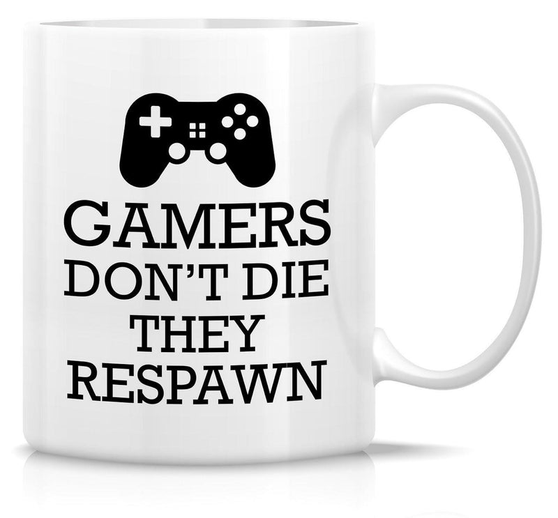Tailorly White Ceramic 11 oz Mug - Gamers Don't Die They Respawn Sleek Minimalist Black Silhouette Of A Gaming Console Gamepad Controller