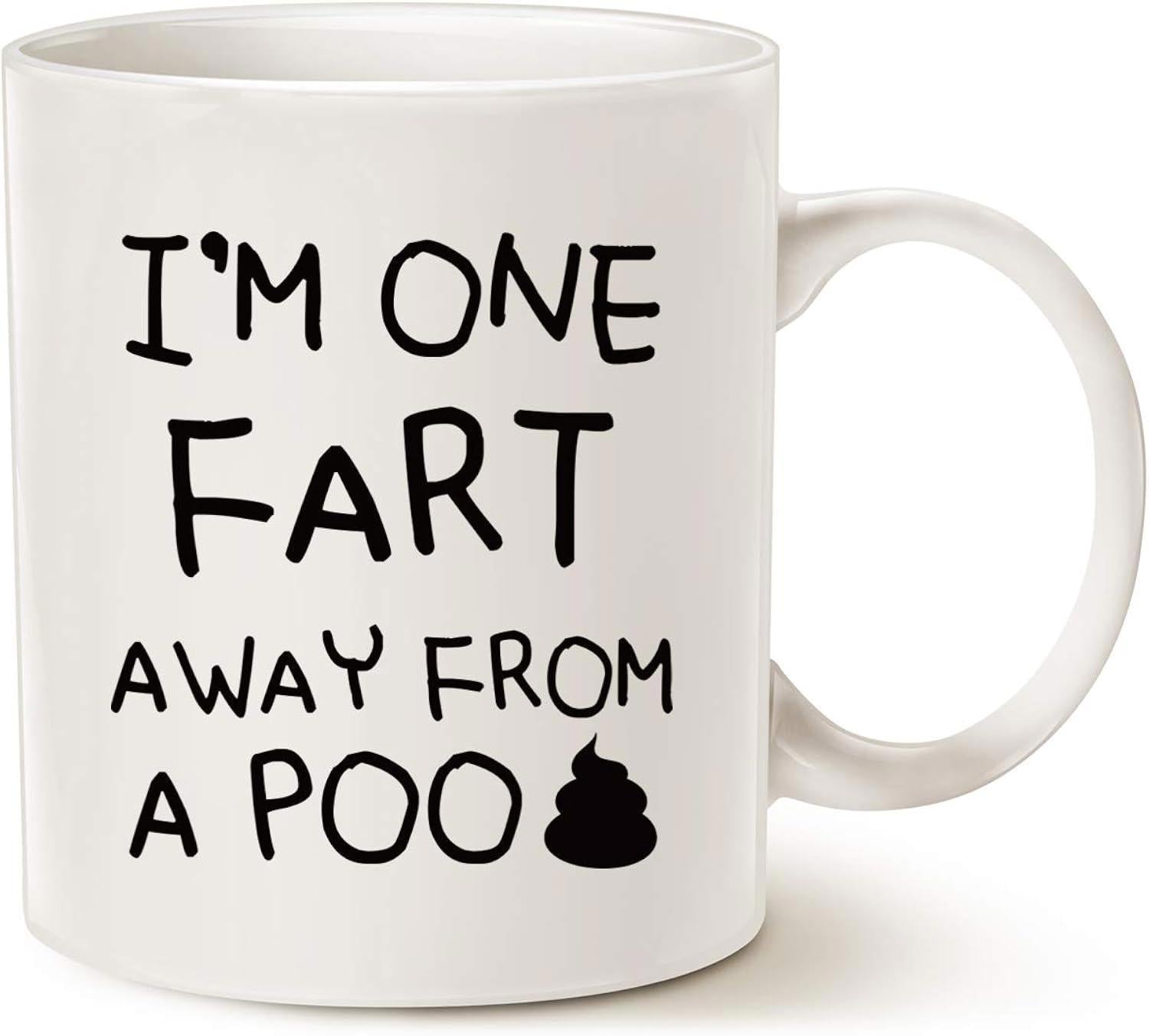 Tailorly White Ceramic 11 oz Mug - Im One Fart Away From A Poo Minimalist Black Silhouette With Bold Hand Drawn Playful Lettering Style Quote