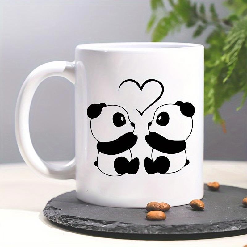 Tailorly White Ceramic 11 oz Mug - Two Cute Pandas Sitting Together Under A Black Minimalist Heart Panda