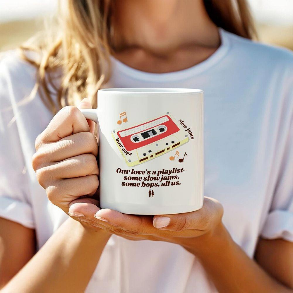 Tailorly White Ceramic 11 oz Mug - Our Loves A Playlist Some Slow Jams Some Bops All Us Vintage Red Cassette Tape Featuring Small Musical Notes Floating Nearby