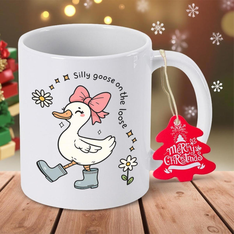 Tailorly White Ceramic 11 oz Mug - Silly Goose On The Loose Whimsical Cartoon Character Wearing Pink Bow And Blue Boots Goose