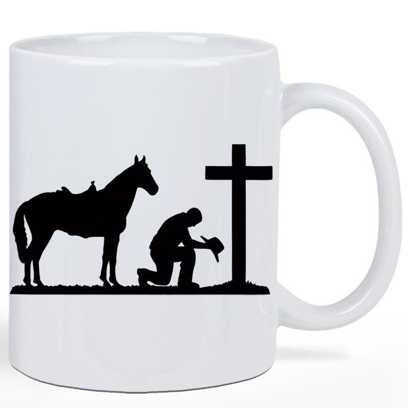 Tailorly White Ceramic 11 oz Mug - Silhouetted Western Man Kneeling In Prayer Beside A Cross And Horse