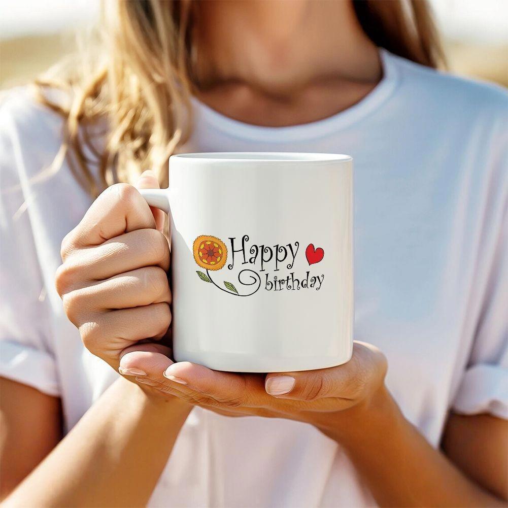 Tailorly White Ceramic 11 oz Mug - Happy Birthday Vibrant Orange Marigold Blossom Paired With Delicate Script And Small Red Heart Flower
