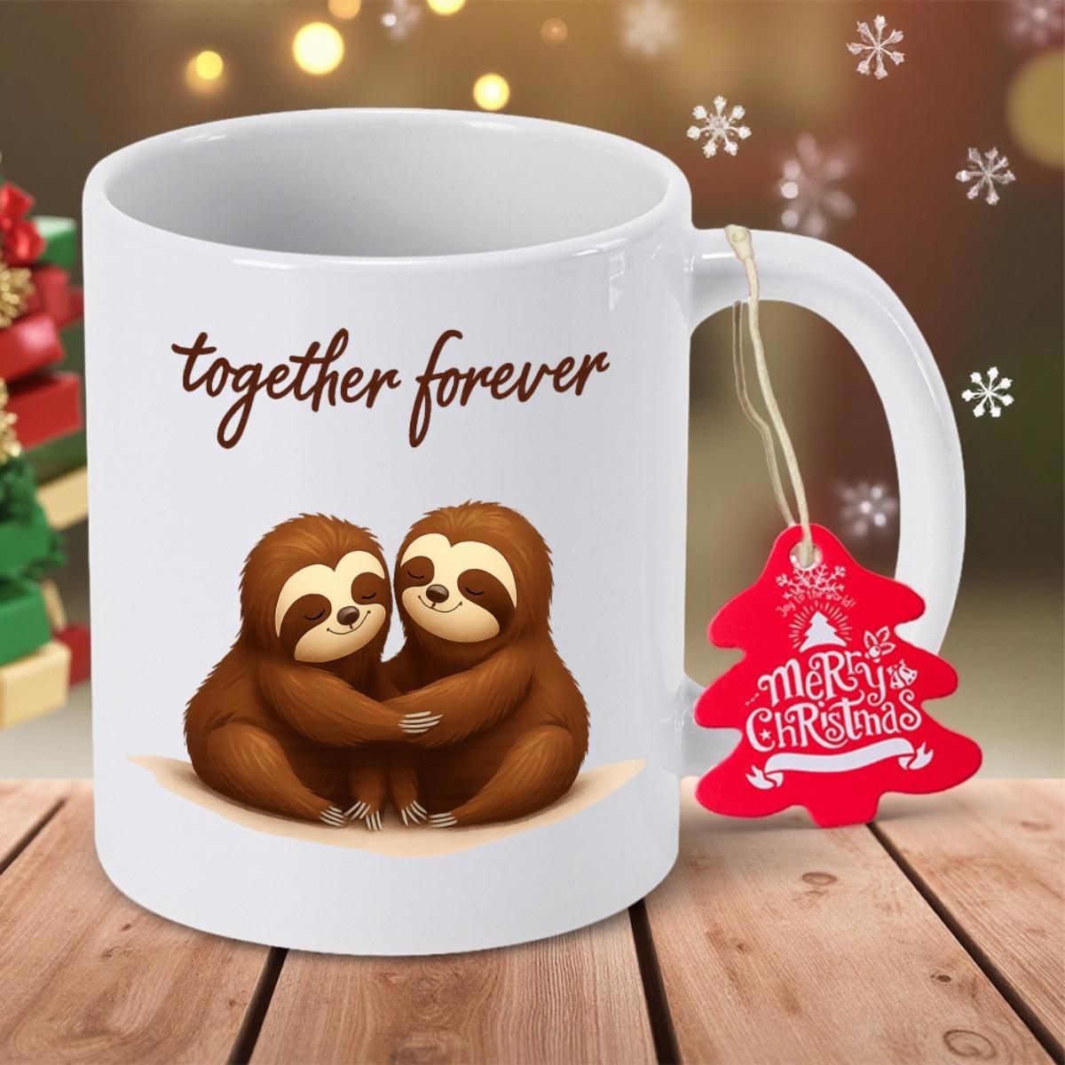 Tailorly White Ceramic 11 oz Mug - Together Forever Adorable Brown Animals Embracing Each Other With Soft Expressions And Warm Tones Sloth