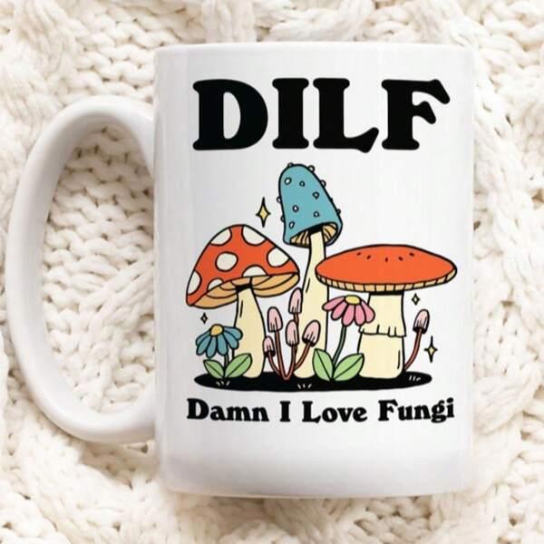 Tailorly White Ceramic 11 oz Mug - Dilf Damn I Love Fungi Colorful Retro Style Mushrooms Growing Within A Tiny Garden Mushroom
