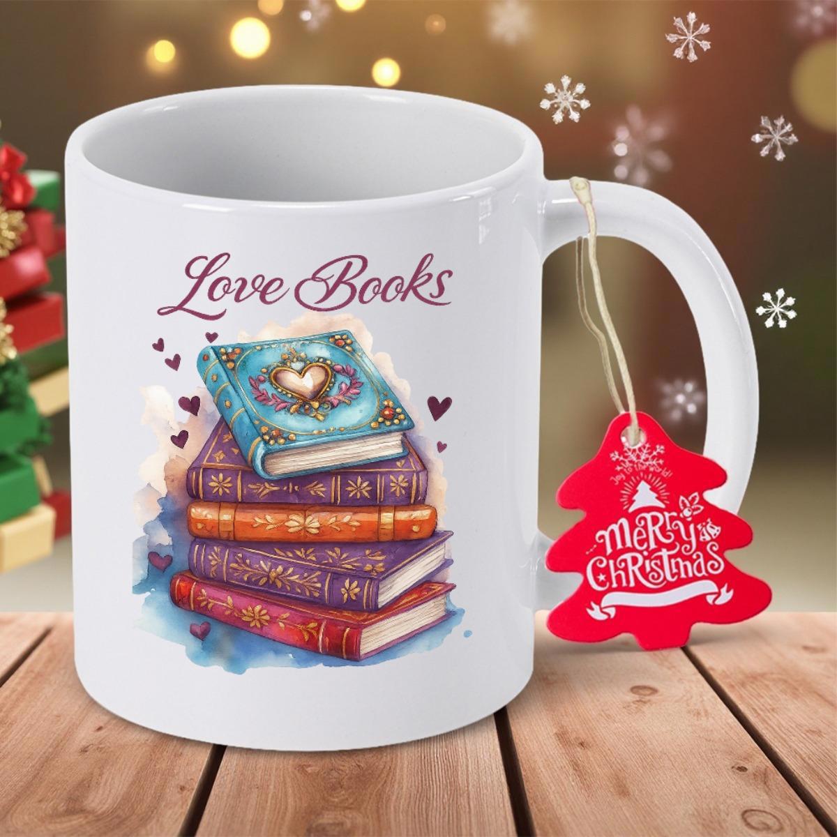 Tailorly White Ceramic 11 oz Mug - Love Books Colorful Stack Of Vintage Hardcover Novels Decorated With Small Hearts Books