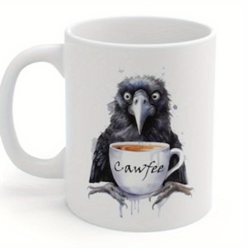 Tailorly White Ceramic 11 oz Mug - Cawfee Funny Dark Raven Holding Small Cup With Sharp Talons Crow