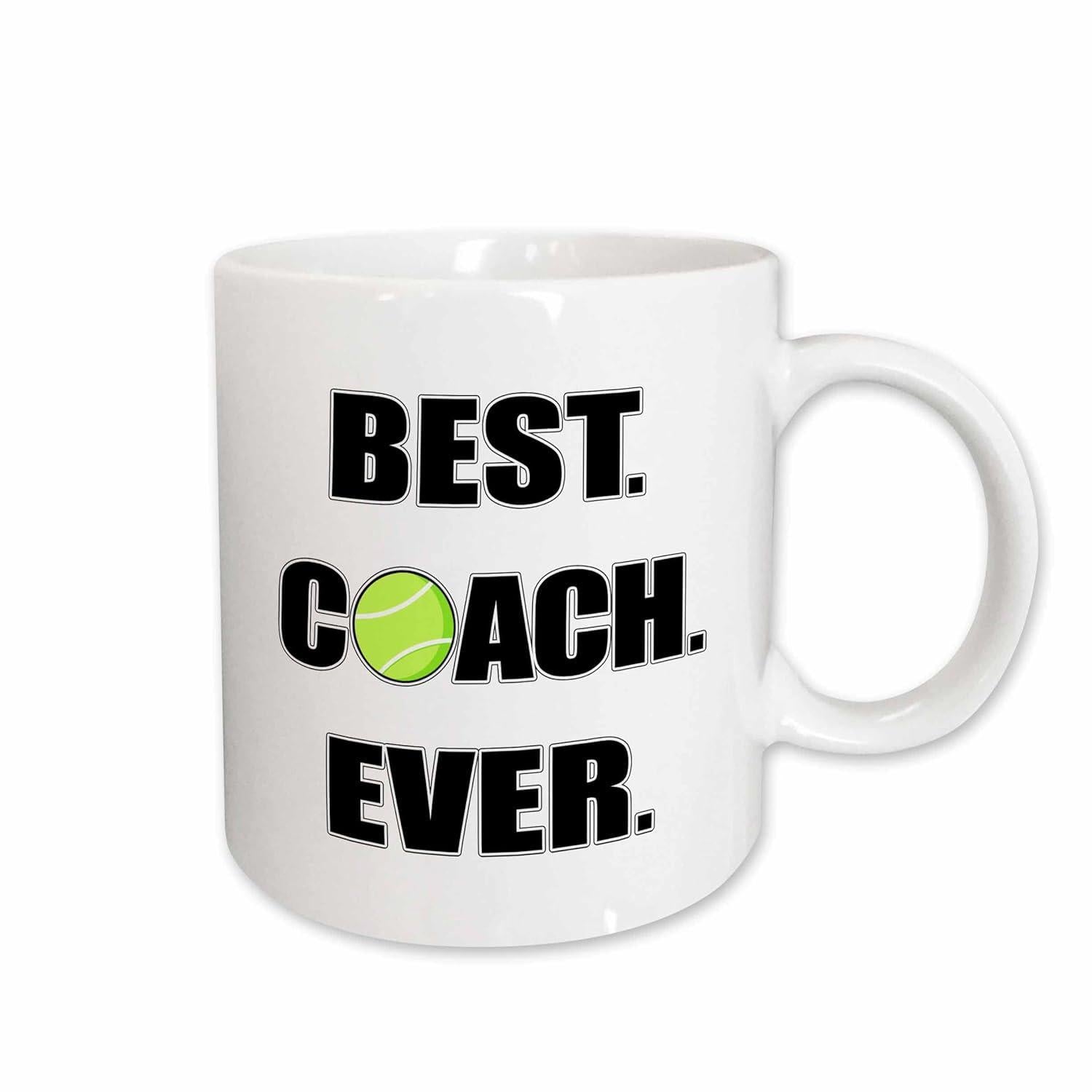 Tailorly White Ceramic 11 oz Mug - Best Coach Ever Vibrant Green Sports Ball Centered Between Bold Black Block Letters Tennis Ball