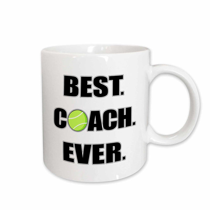 Tailorly White Ceramic 11 oz Mug - Best Coach Ever Vibrant Green Sports Ball Centered Between Bold Black Block Letters Tennis Ball