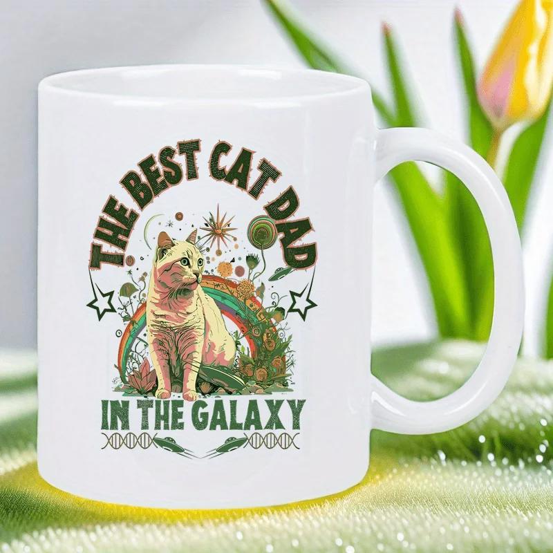 Tailorly White Ceramic 11 oz Mug - The Best Cat Dad In The Galaxy Charming Ginger Cat Sitting Amidst Retro Rainbow And Cosmic Stars Cat