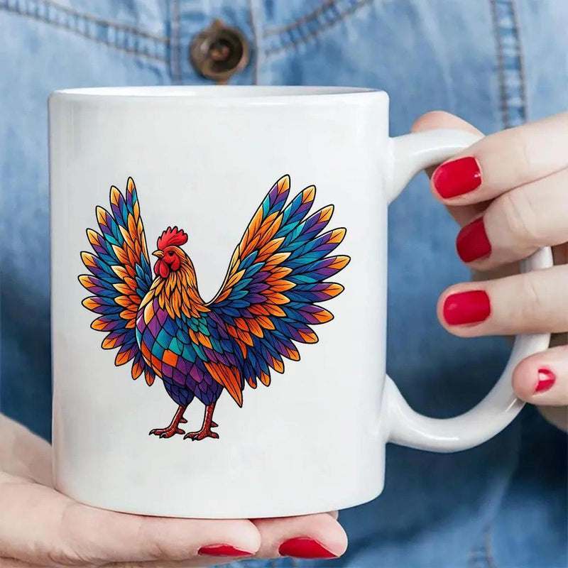 Tailorly White Ceramic 11 oz Mug - Colorful Geometric Mosaic Style With Broadly Spread Wings Proud Standing Rooster