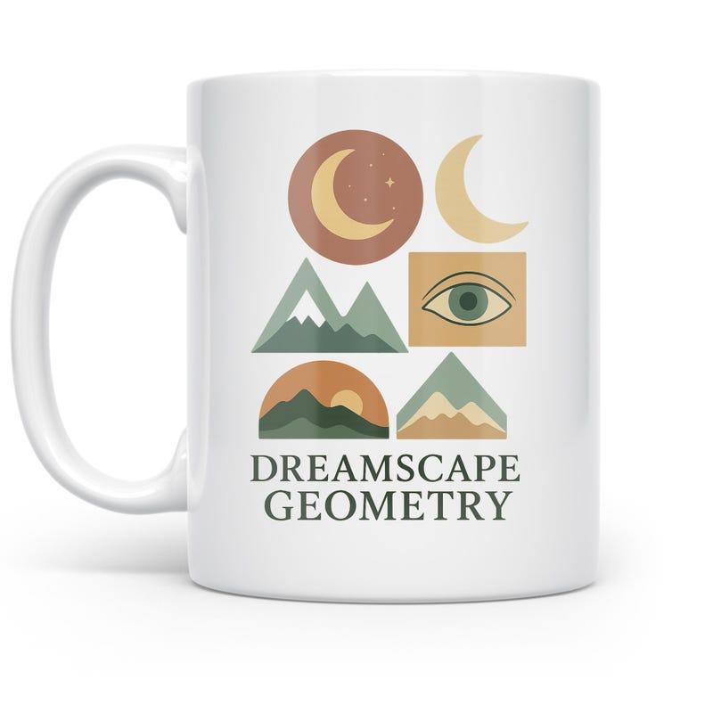 Tailorly White Ceramic 11 oz Mug - Dreamscape Geometry Abstract Boho Mountains With Crescent Moons And Celestial Eye Illustration