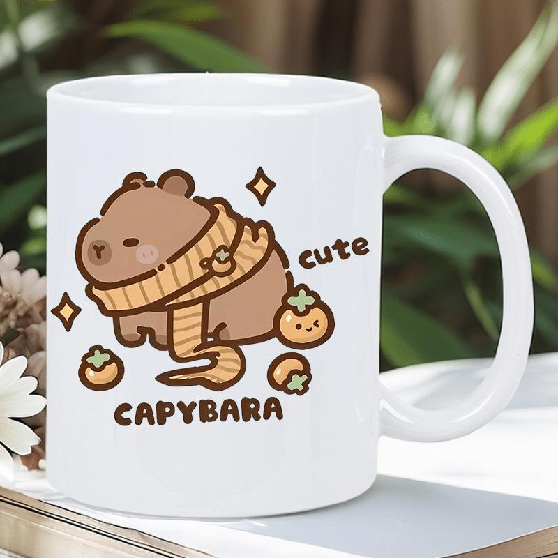 Tailorly White Ceramic 11 oz Mug - Cute Capybara Adorable Brown Animal Wearing Cozy Scarf Beside Smiling Orange Persimmons Capybara