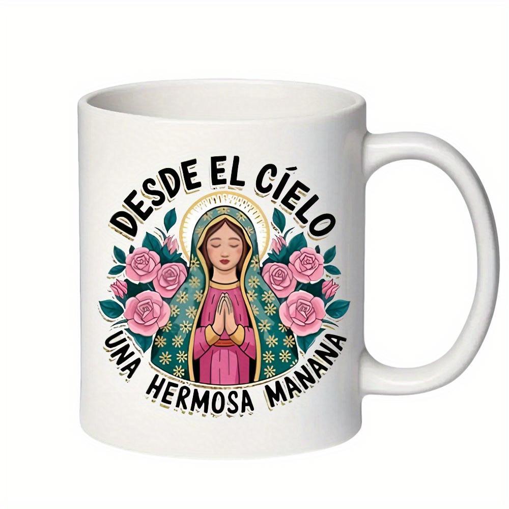 Tailorly White Ceramic 11 oz Mug - Elegant Spiritual Figure Praying Amidst Beautiful Pink Roses And Greenery Icon