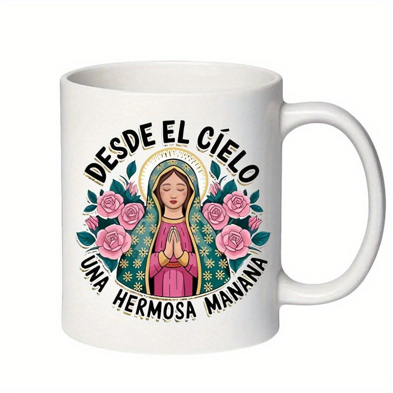 Tailorly White Ceramic 11 oz Mug - Elegant Spiritual Figure Praying Amidst Beautiful Pink Roses And Greenery Icon
