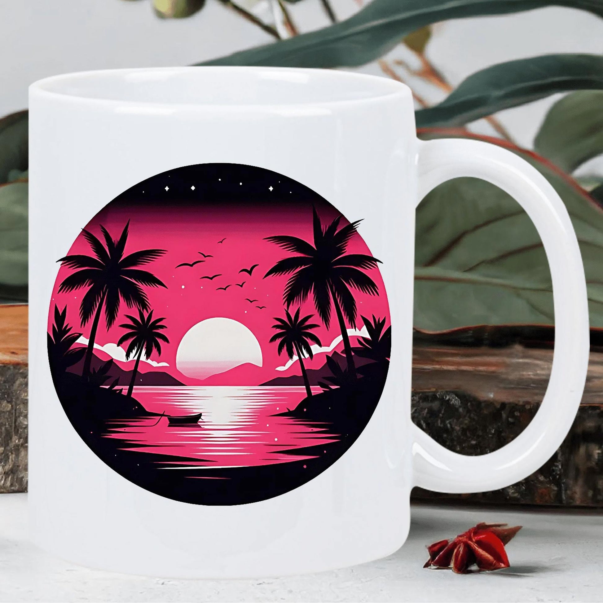 Tailorly White Ceramic 11 oz Mug - Vibrant Pink Sky Over Tropical Waters With Palm Trees Silhouette Sunset