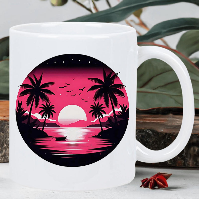 Tailorly White Ceramic 11 oz Mug - Vibrant Pink Sky Over Tropical Waters With Palm Trees Silhouette Sunset