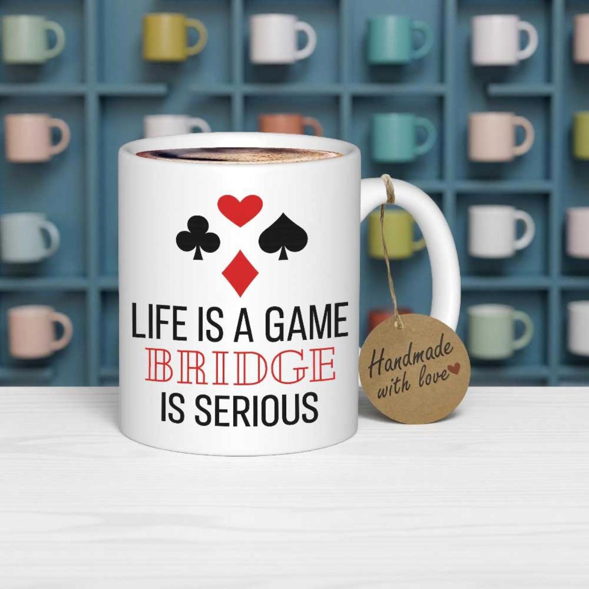 Tailorly White Ceramic 11 oz Mug - Life Is A Game Bridge Is Serious Minimalist Playing Card Symbols Arranged In A Symmetrical Pattern Design Mug