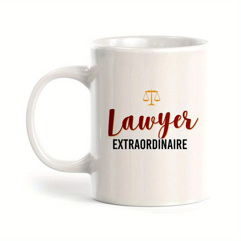 Tailorly White Ceramic 11 oz Mug - Lawyer Extraordinaire Minimalist Golden Scales Of Justice Symbol Centered Above Sophisticated Artistic Script Mug