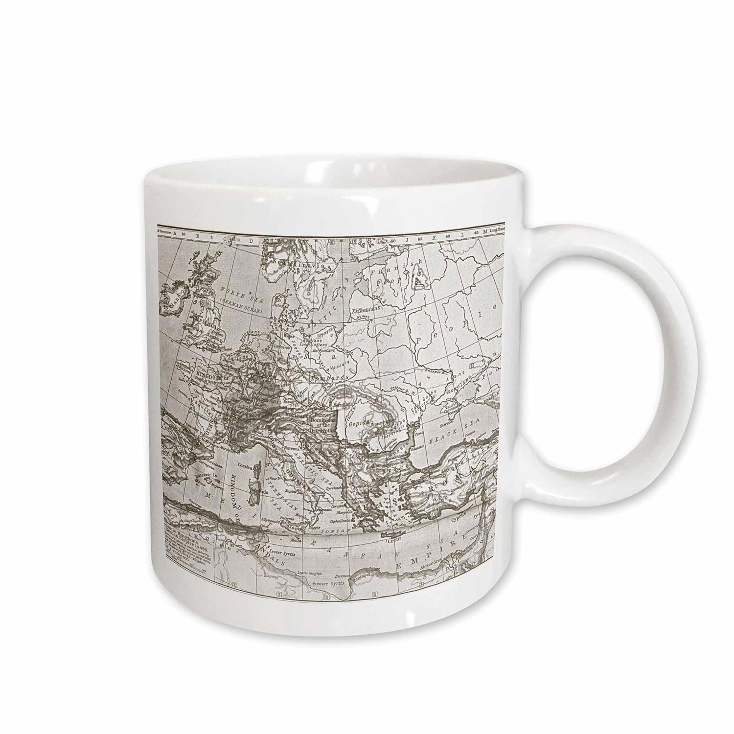 Tailorly White Ceramic 11 oz Mug - Vintage Antique Map Showing Detailed Continental Landmasses With Intricate Border Lines Map