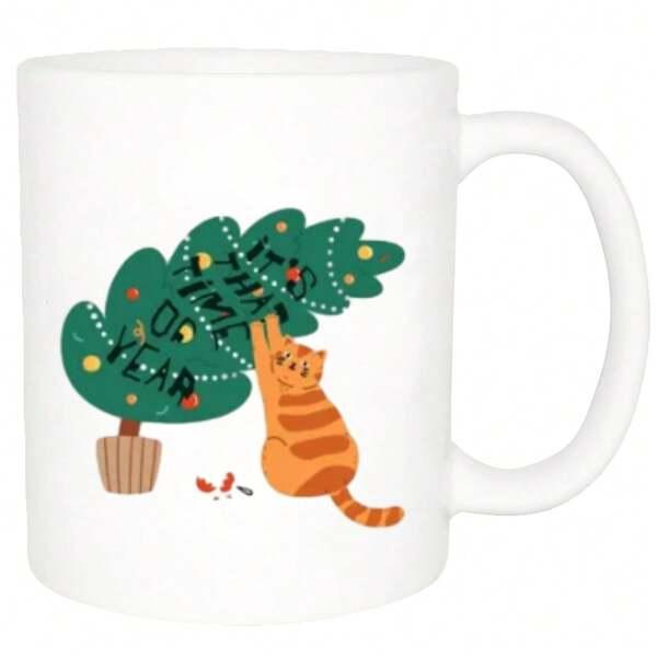 Tailorly White Ceramic 11 oz Mug - Its That Time Of Year Festive Tree Being Pulled By A Playful Orange Tabby Cat