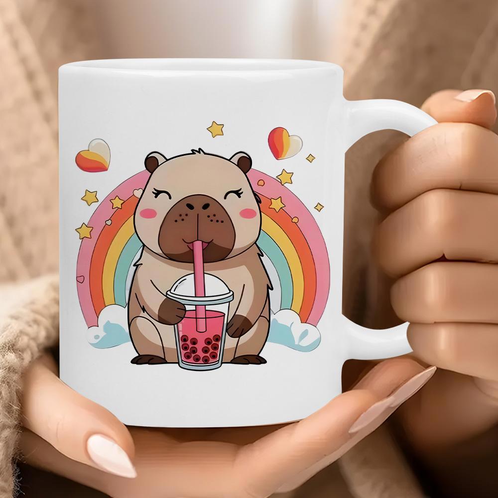 Tailorly White Ceramic 11 oz Mug - Adorable Cartoon Animal Drinking Refreshing Boba Tea Under Colorful Rainbow Capybara