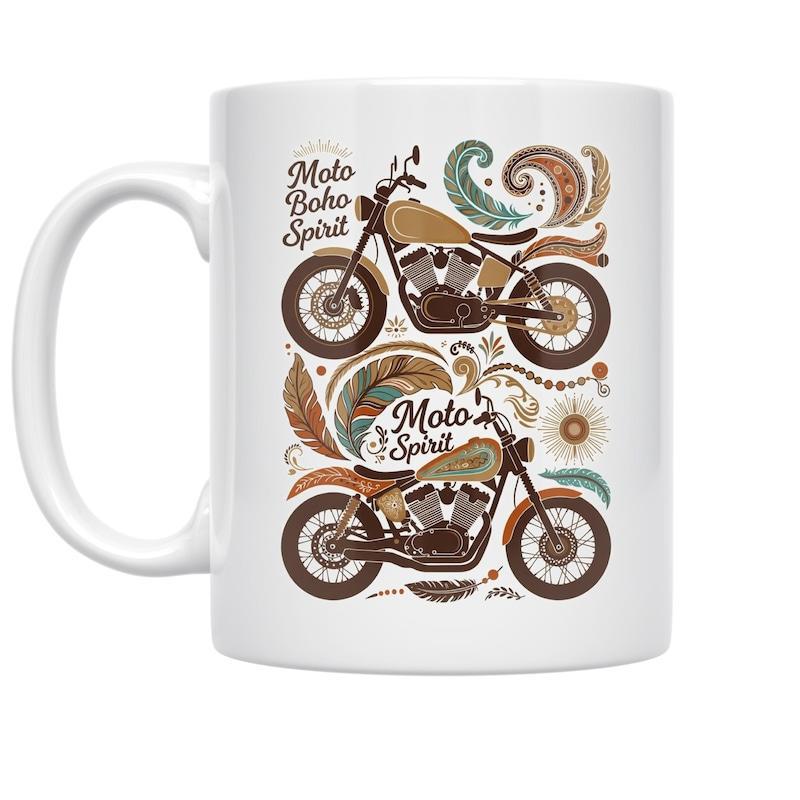 Tailorly White Ceramic 11 oz Mug - Moto Boho Spirit Two Vintage Motorcycles Among Decorative Paisley Patterns And Soft Feather Motorcycle