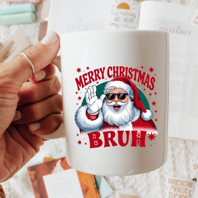 Tailorly White Ceramic 11 oz Mug - Merry Christmas Bruh Jolly Festive Character Wearing Sunglasses Waving With Snowy Details Santa