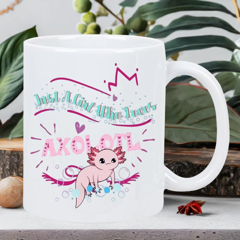 Tailorly White Ceramic 11 oz Mug - Just A Girl Who Loves Axolotl Cute Pink Cartoon Character With Small Crown And Floating Bubbles Axolotl