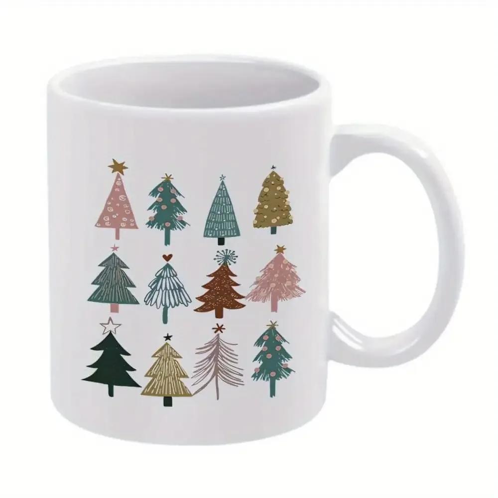 Tailorly White Ceramic 11 oz Mug - Artistic Colorful Festive Holiday Patterns Arranged In A Neat Grid Tree