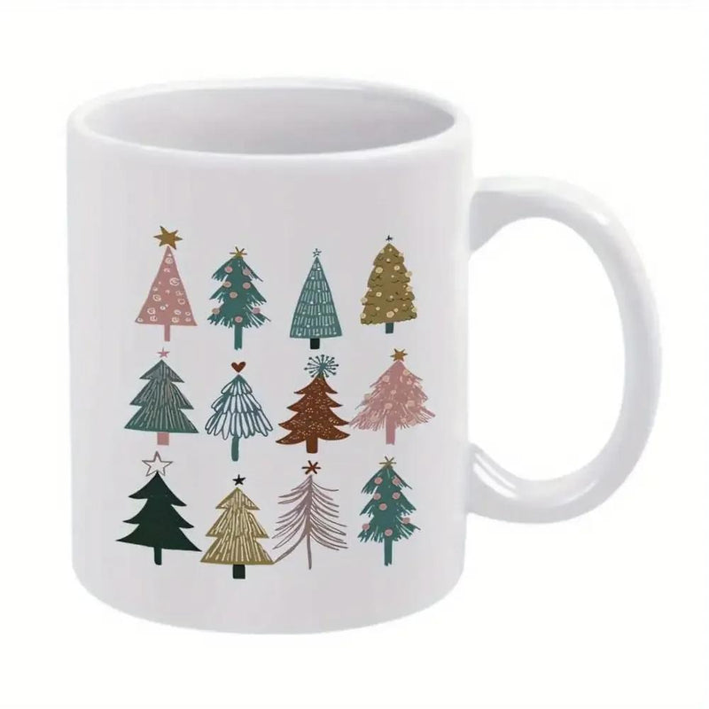Tailorly White Ceramic 11 oz Mug - Artistic Colorful Festive Holiday Patterns Arranged In A Neat Grid Tree