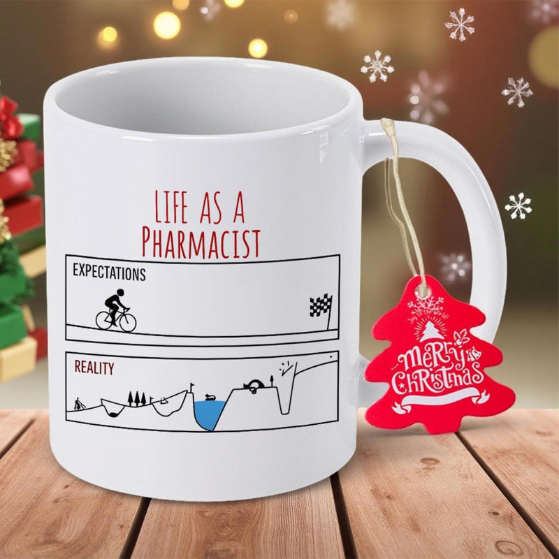 Tailorly White Ceramic 11 oz Mug - Life As A Pharmacist Expectations Reality Minimalist Line Drawing Of A Cyclist Riding Across Rugged Challenging Landscape Mug