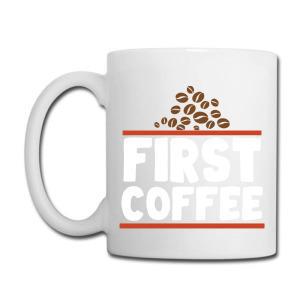 Tailorly White Ceramic 11 oz Mug - First Coffee Scattered Roasted Coffee Beans Piled Neatly Above Bold Red Horizontal Line Beans