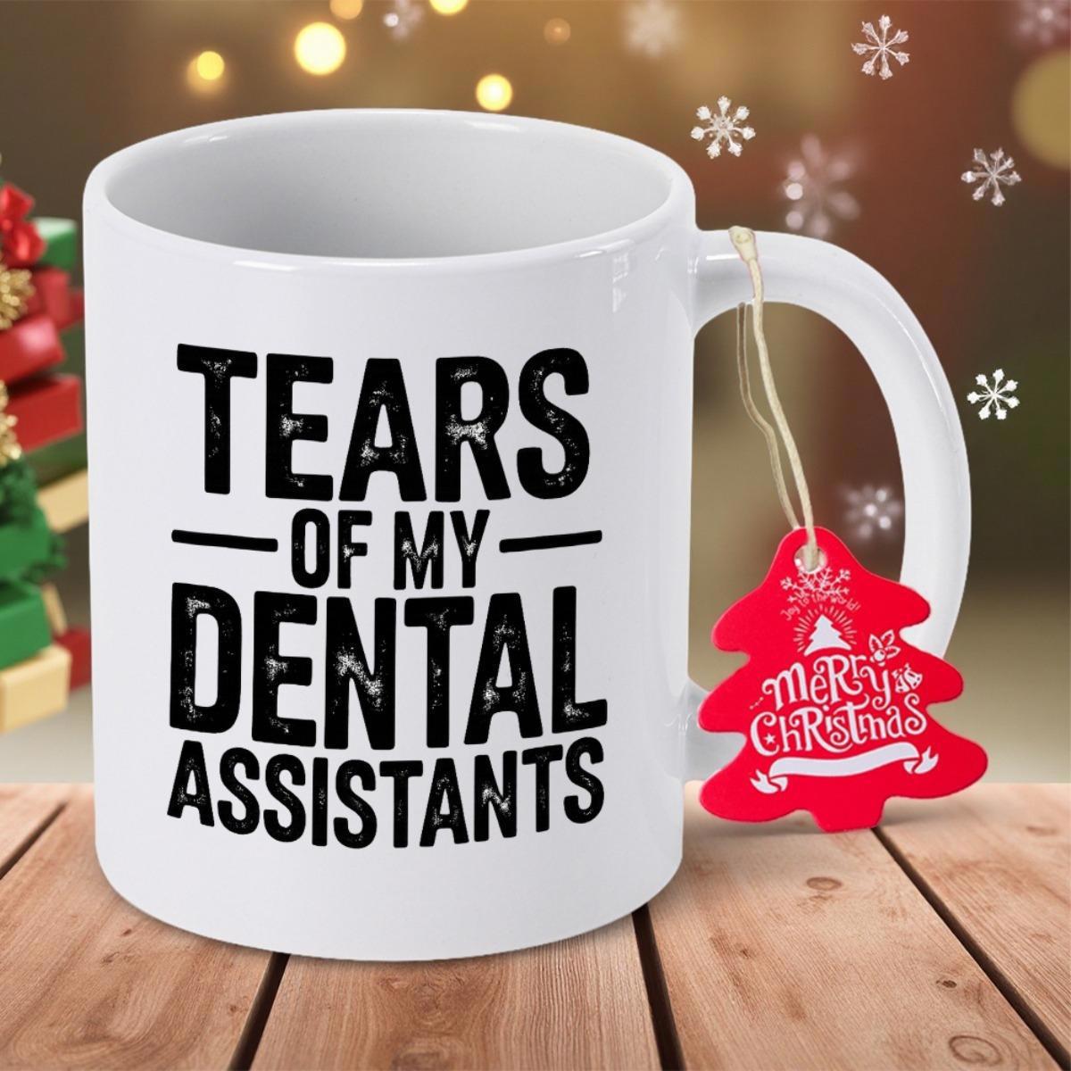 Tailorly White Ceramic 11 oz Mug - Tears Of My Dental Assistants Minimalist White Ceramic Vessel With Festive Red Holiday Tree Hanging Tag Mug