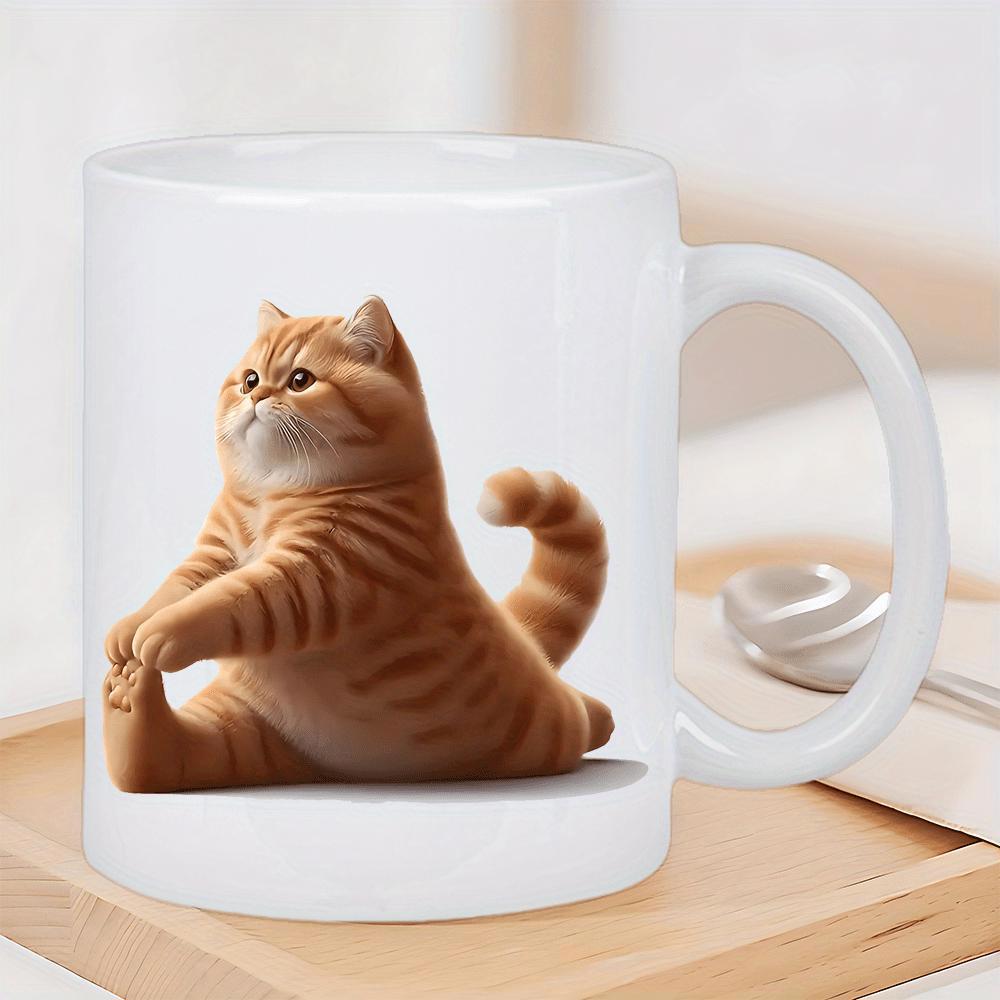 Tailorly White Ceramic 11 oz Mug - Adorable Chubby Orange Tabby Doing Flexible Cobra Yoga Pose Cat