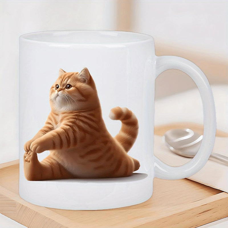 Tailorly White Ceramic 11 oz Mug - Adorable Chubby Orange Tabby Doing Flexible Cobra Yoga Pose Cat