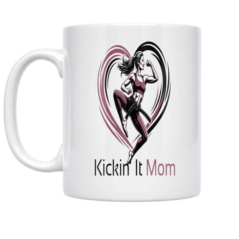 Tailorly White Ceramic 11 oz Mug - Kickin It Mom Athletic Strong Silhouette Performing Martial Arts Kick Inside Stylized Heart Woman
