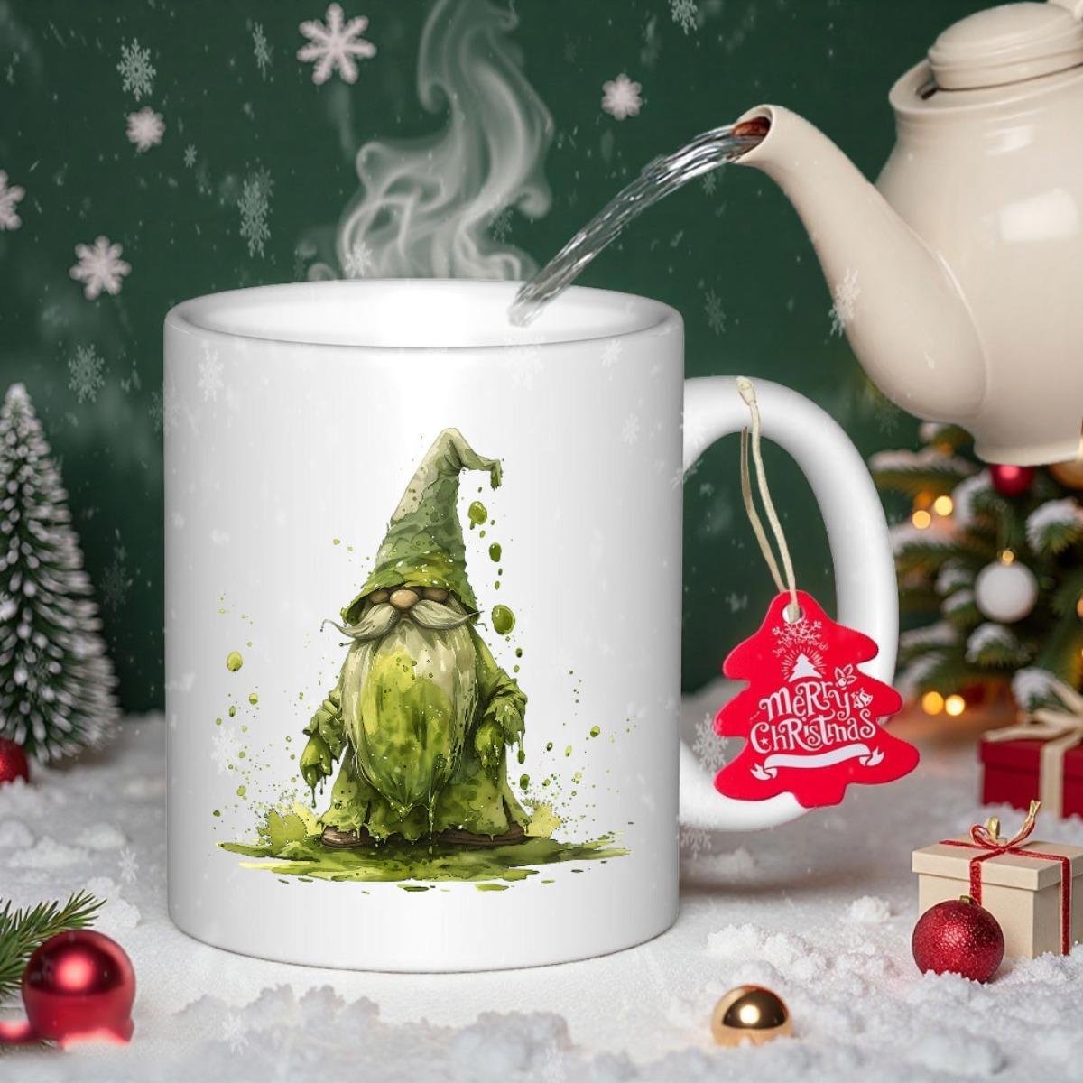 Tailorly White Ceramic 11 oz Mug - Merry Christmas Rustic Green Watercolor Style Character Standing In Splashed Paint Background Festive Gnome