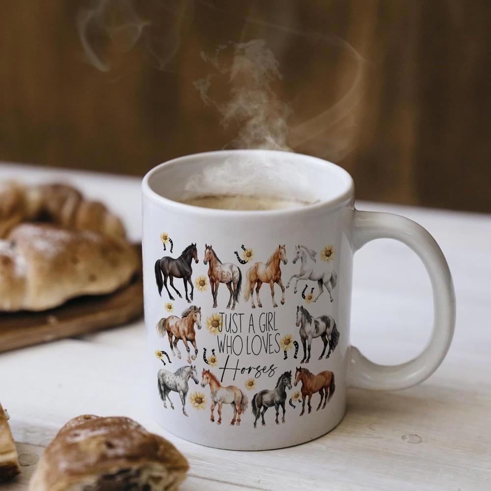 Tailorly White Ceramic 11 oz Mug - Just A Girl Who Loves Horses Elegant Multiple Breeds Standing Gracefully Among Small Vibrant Golden Sunflowers Horse