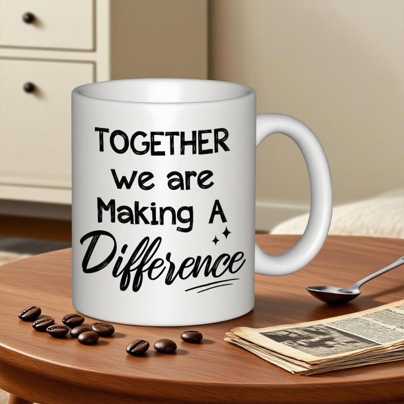 Tailorly White Ceramic 11 oz Mug - Together We Are Making A Difference Inspirational Script Text With Elegant Stars On A Clean Surface Sign
