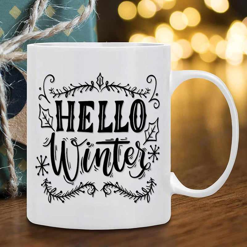 Tailorly White Ceramic 11 oz Mug - Hello Winter Festive Seasonal Branches Featuring Delicate Snowflakes And Holly Wreath