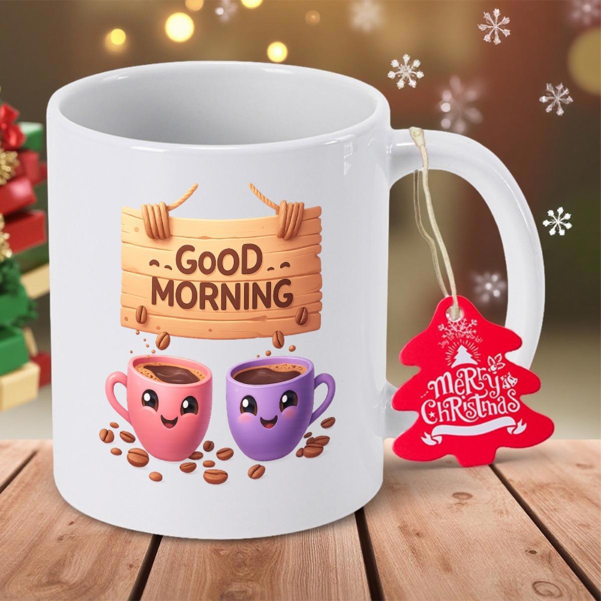 Tailorly White Ceramic 11 oz Mug - Good Morning Smiling Cartoon Coffee Cups Under Rustic Wooden Sign With Beans Mug