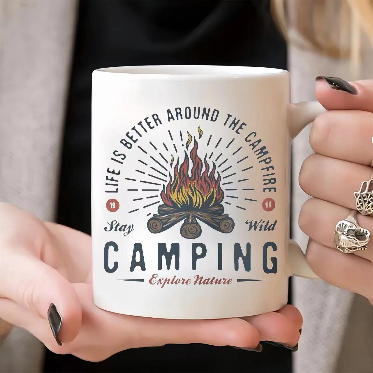 Tailorly White Ceramic 11 oz Mug - Life Is Better Around The Campfire Stay Wild Camping Explore Nature Rustic Outdoor Burning Logs With Radiant Sunburst Rays And