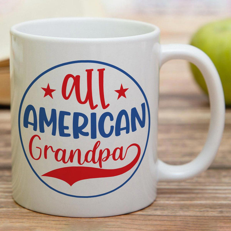 Tailorly White Ceramic 11 oz Mug - All American Grandpa Classic Circular Badge With Patriotic Stars And Stylized Script Typography Badge