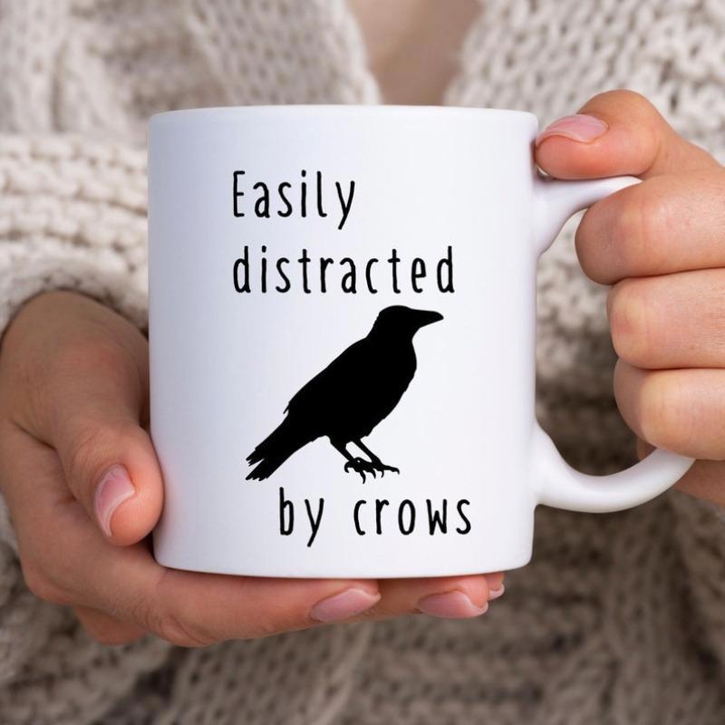 Tailorly White Ceramic 11 oz Mug - Easily Distracted By Crows Mysterious Black Bird Silhouette Resting Peacefully On A Clean Ceramic Background Crow