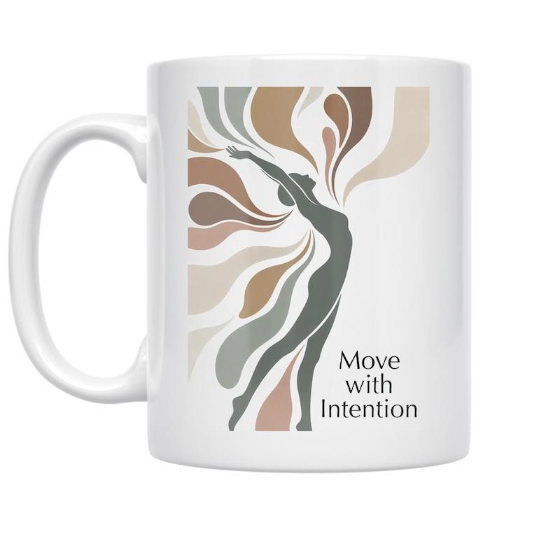 Tailorly White Ceramic 11 oz Mug - Move With Intention Graceful Abstract Neutral Flowing Lines Behind An Elegant Dancing Woman