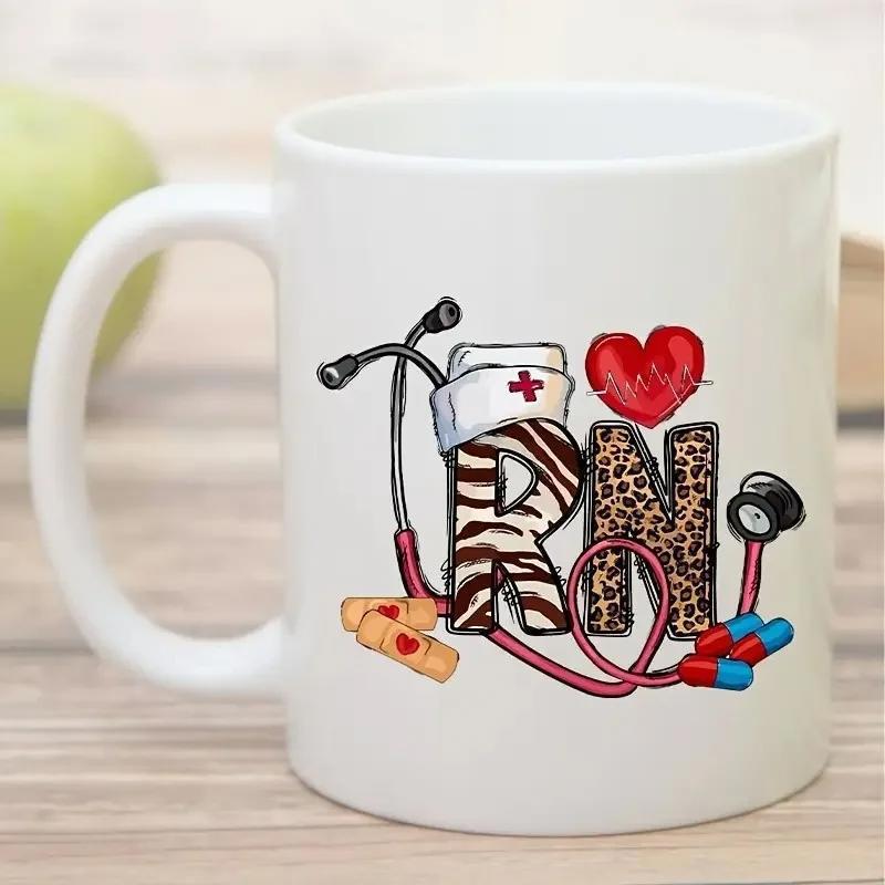 Tailorly White Ceramic 11 oz Mug - RN Stethoscope Heart Bandages And Medical Supplies With Animal Print Patterned Letters Nurse